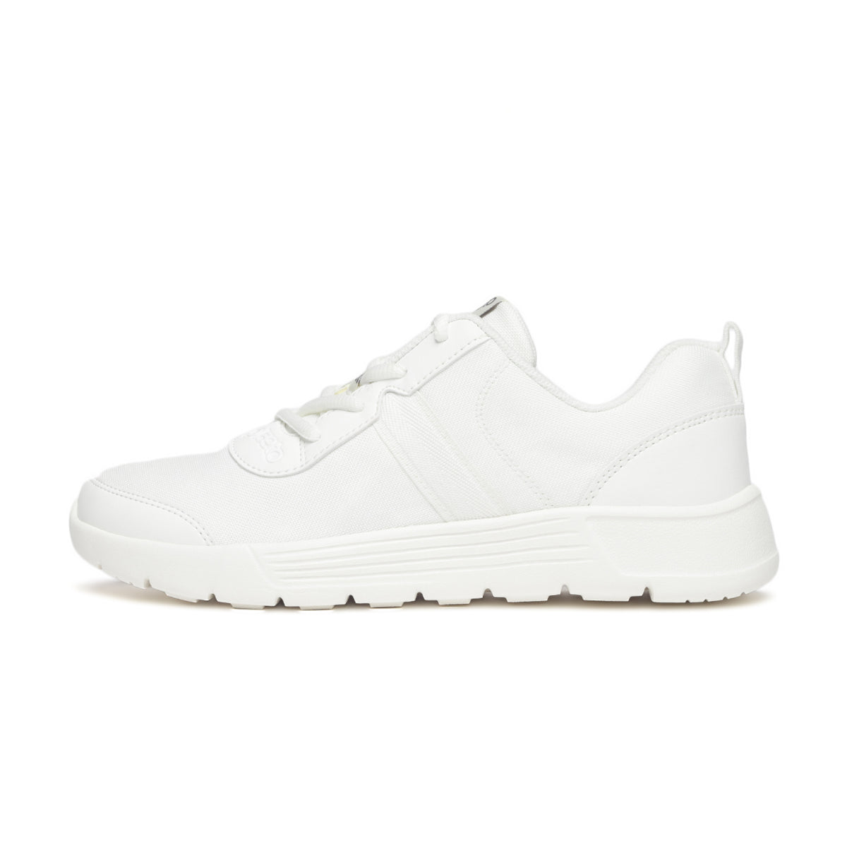 A white school shoe with lace-up closure and a flat sole, designed for children.