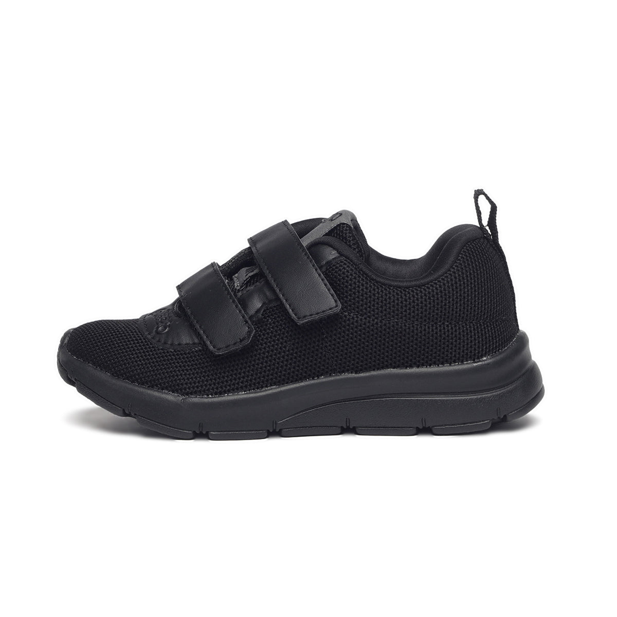 A single black school shoe with Velcro straps and a textured sole designed for children.