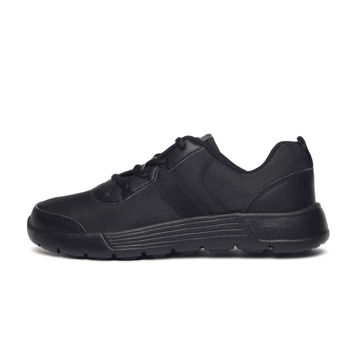 A pair of black Aspire Multiplay School Shoes with Tilt Lacing designed for children.
