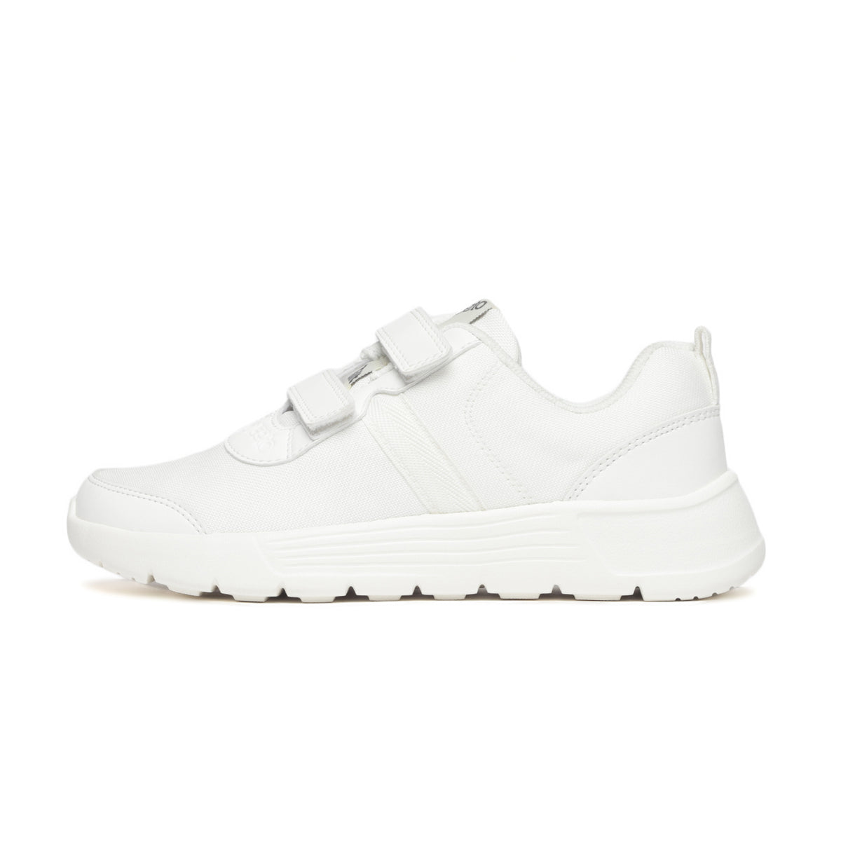 A white school shoe with Velcro straps and a chunky sole, designed for children.