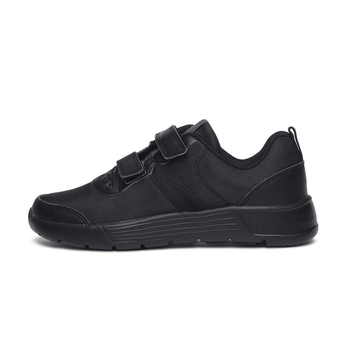 A black school shoe with Velcro straps and a flat sole, designed for children.