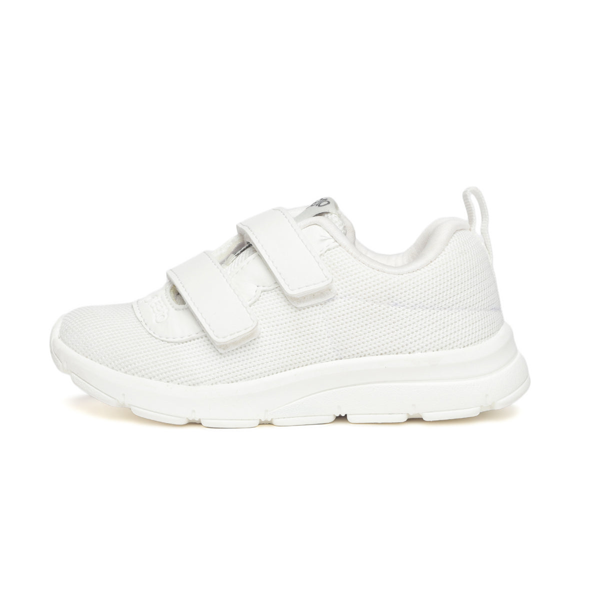 A white school shoe with hook and loop closure for children.
