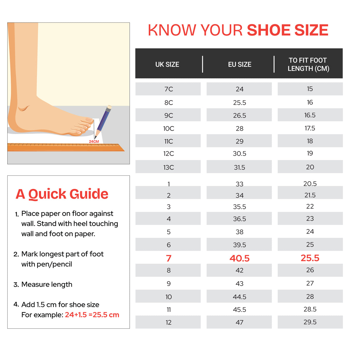 Shoe size chart with foot measurement guide